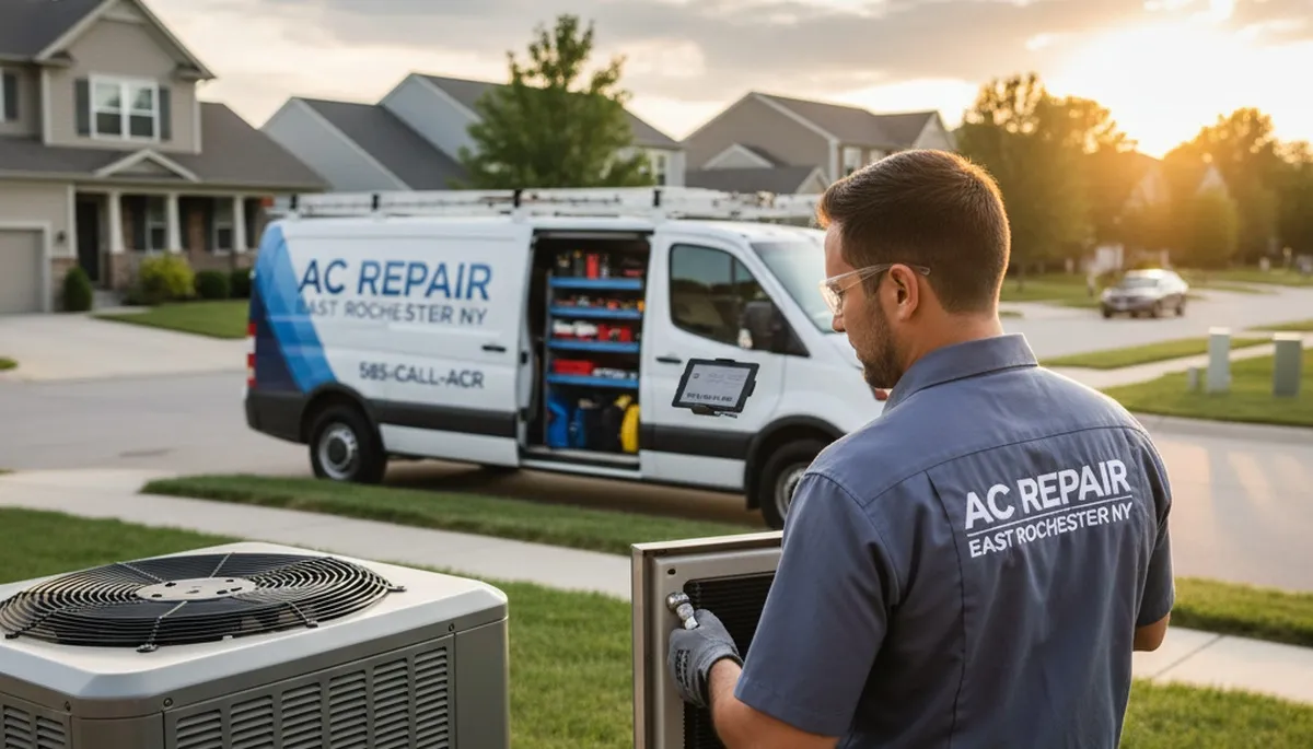 Professional AC repair technician servicing air conditioner unit in Rochester NY home