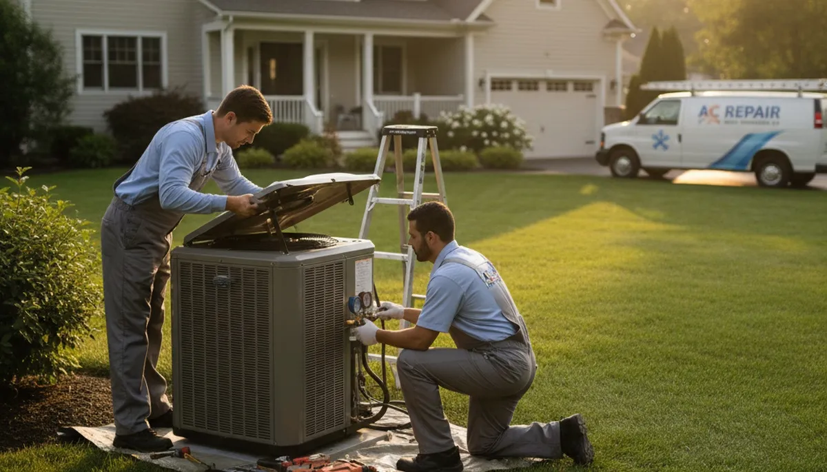 Professional AC repair technician servicing air conditioner unit in Rochester NY home