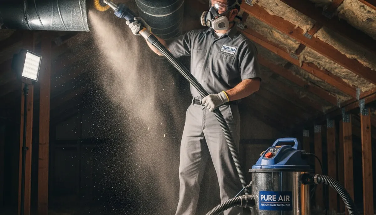 Technician cleaning air ducts for HVAC system in Rochester, NY home
