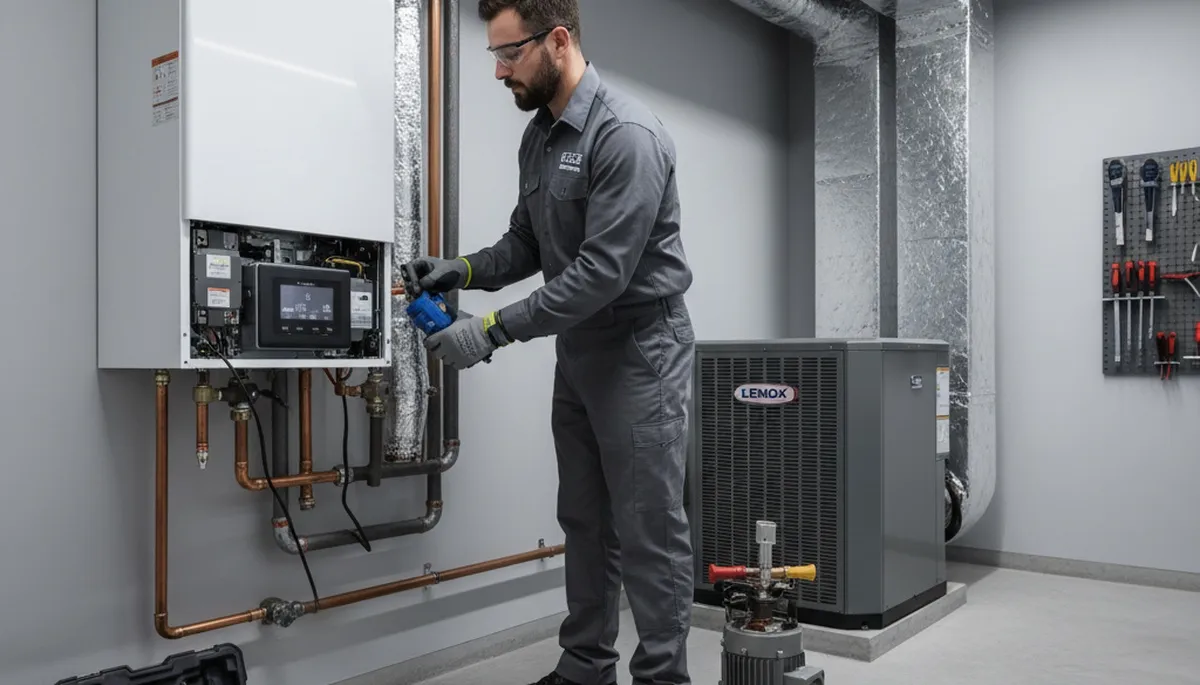 Technician repairing residential boiler in Rochester, NY for Five Star Cooling heating service