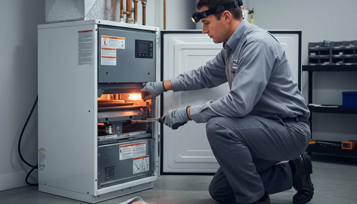 Technician performing furnace repair in Rochester NY for Five Star Cooling emergency service